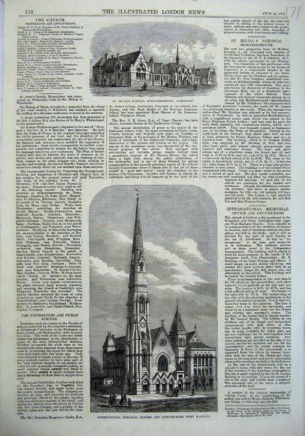 Old Antique Print Hilda'S School Yorkshire 1870 Memorial Church Hackney 19th