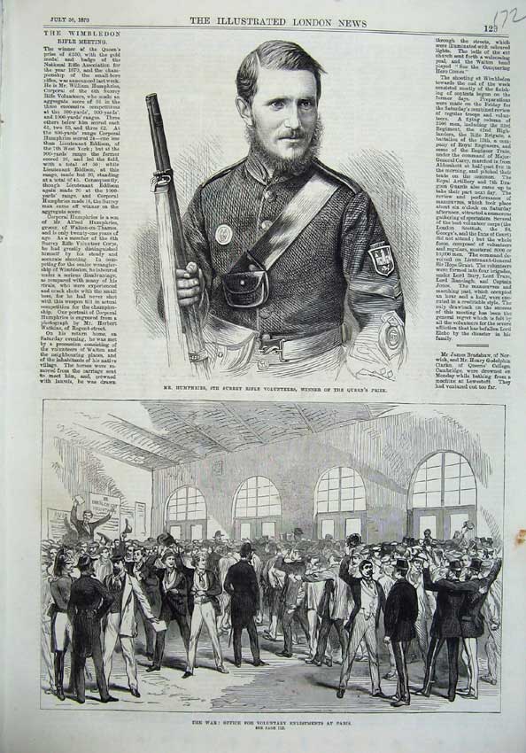 Old Antique Print Humphries Surrey Rifle 1870 War Office Enlistment Paris 19th