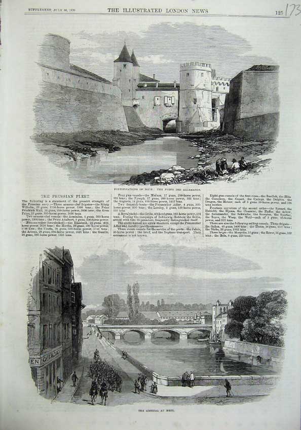 Old Antique Print Fortifications Metz Porte Allemands 1870 Arsenal River 19th