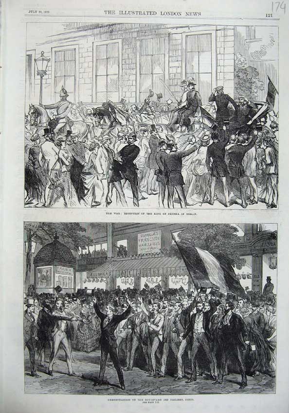 Old Antique Print War King Prussia Berlin 1870 Boulevard Italiens Paris 19th