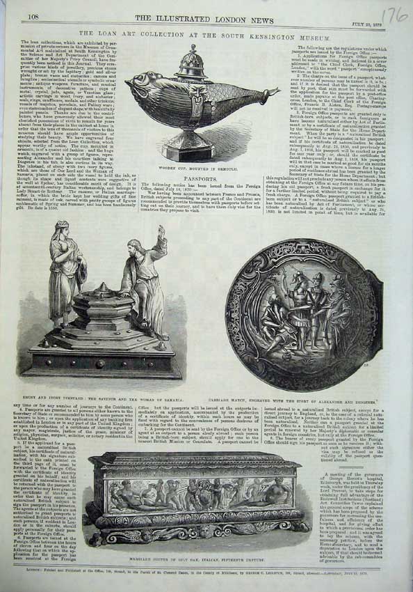 Old Antique Print Kensington Museum 1870 Marriage Coffer Inkstand Watch 19th