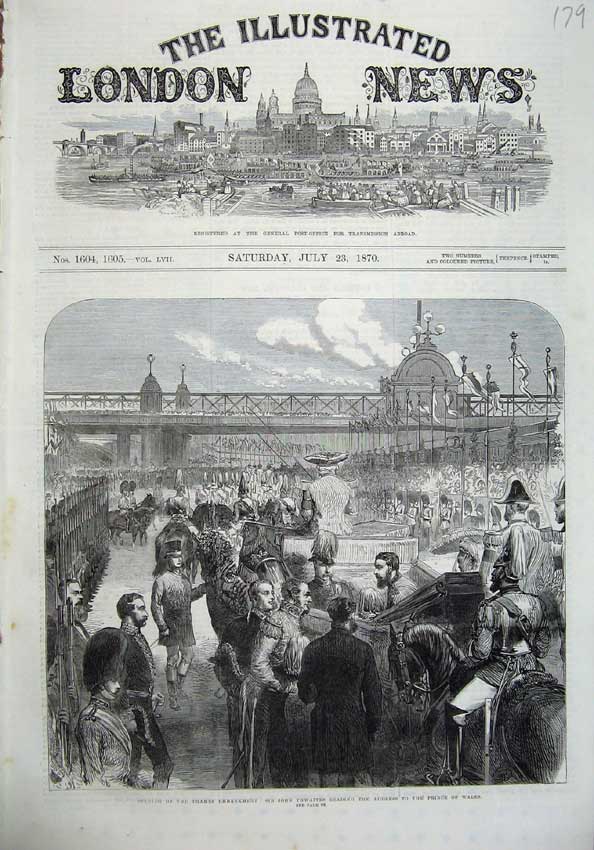 Old Antique Print 1870 Thames Embankment John Thwaites Prince Wales Art 19th