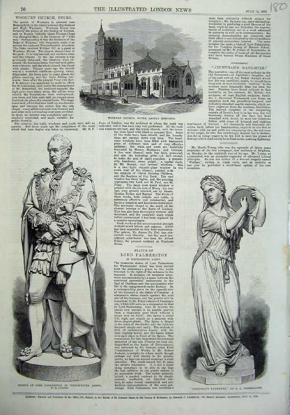 Original Old Antique Print Wooburn Church 1870 Statue Lord Palmerston Jephthah