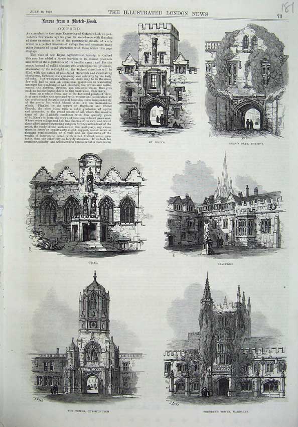 Old Antique Print Oxford 1870 Dean'S Gate Oriel Brasenose Tower St John'S 19th