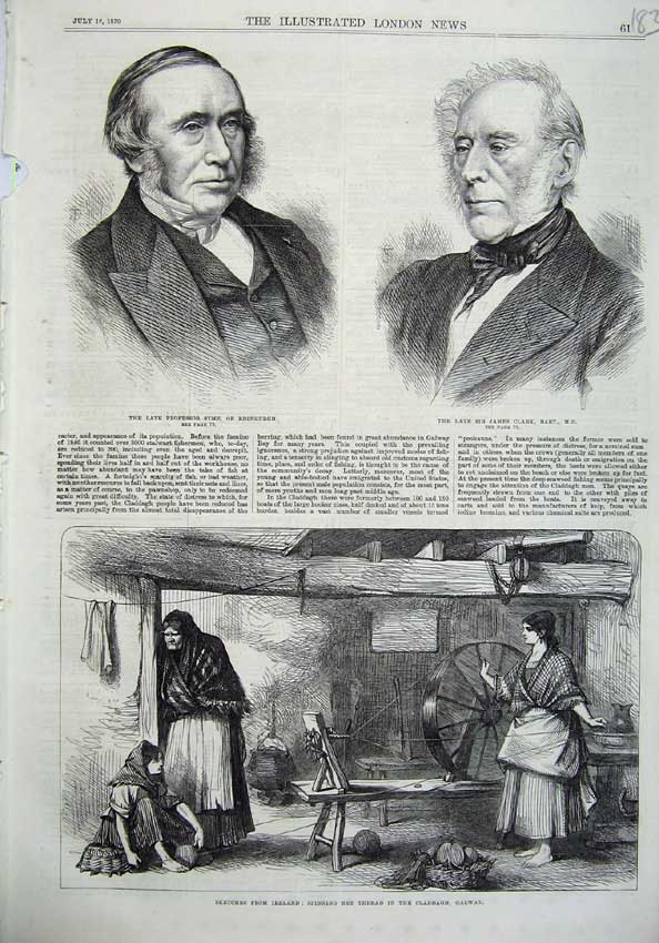 Old Antique Print Professor Syme James Clark 1870 Ireland Spinning Wheel 19th