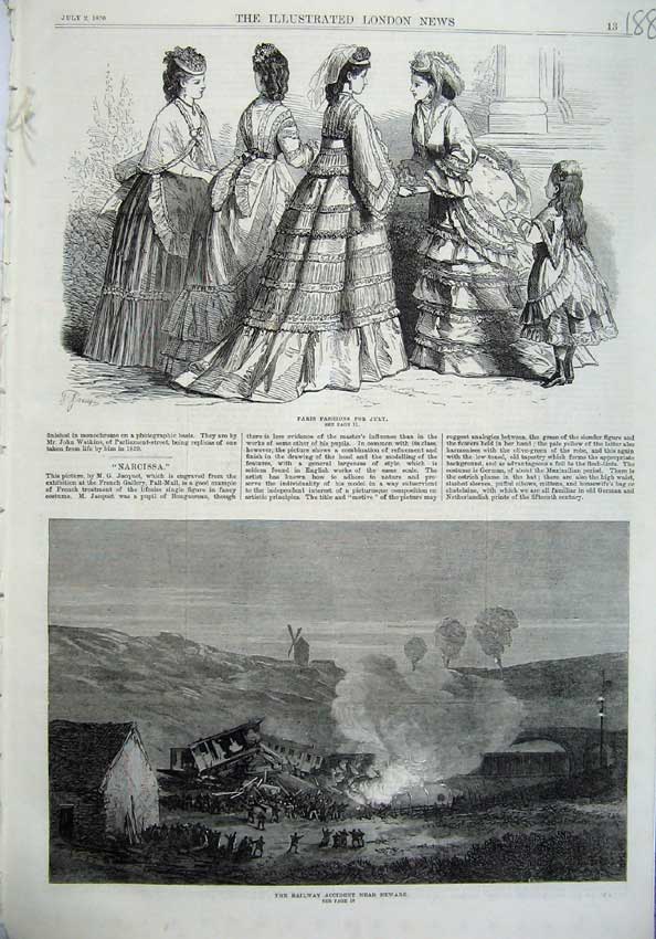 Original Old Antique Print Paris Fashion 1870 Railway Accident Newark Train Art