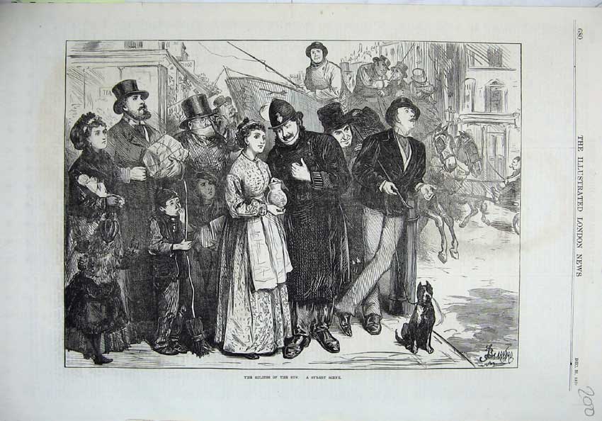 Original Old Antique Print 1870 Fine Art Men Women Children Street Eclipse Sun
