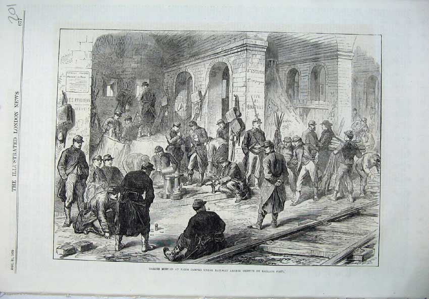 Original Old Antique Print 1870 Gardes Mobiles Paris Railway Arches Camp People