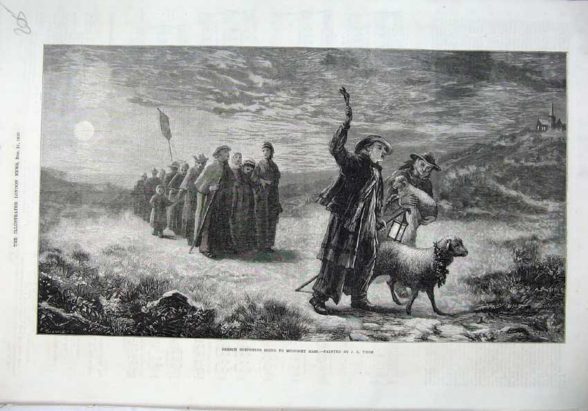 Old Antique Print 1870 French Shepherds Midnight Mass Sheep Moonlight Art 19th