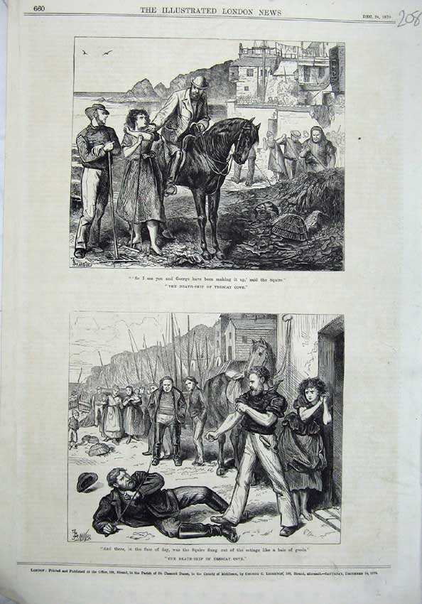 Original Old Antique Print 1870 Trescat Cove Fight Horse Men Sea-Shore Fine Art