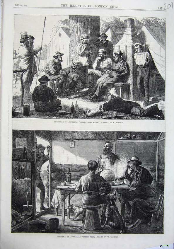 Original Old Antique Print Fine Art 1870 Christmas Australia Pudding Time Music