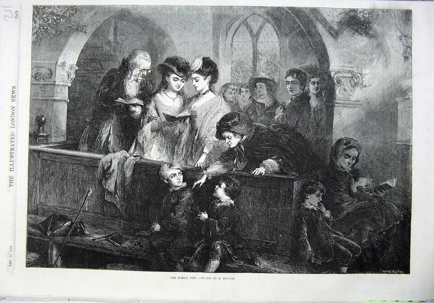 Original Old Antique Print 1870 Fine Art Families Church Pew Bible Hughes 19th