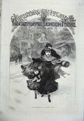 Old Antique Print 1870 Children Christmas Snow House Trees Fine Art Hunt 19th