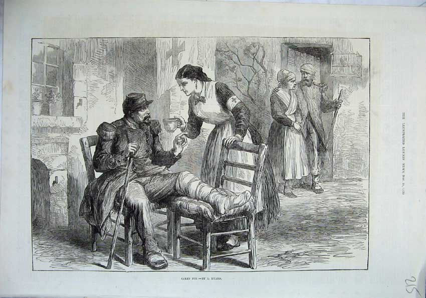 Original Old Antique Print 1870 War Wounded Sier Nurse Bandaged Leg Huard 19th