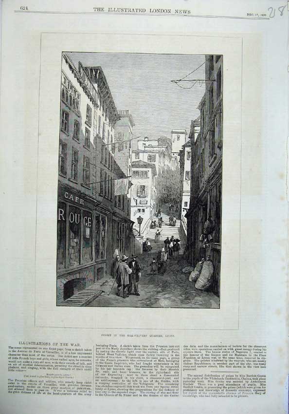 Old Antique Print Fine Art 1870 Street Silk-Weavers Quarters Lyons People 19th