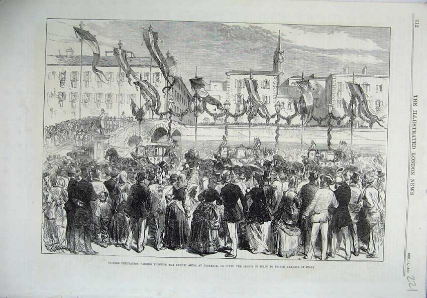 Old Antique Print 1870 Spanish Deputation Lungh Arno Florence Prince Art 19th