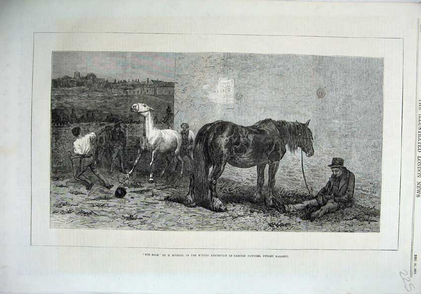 Original Old Antique Print 1870 Fine Art Dudley Gallery Horse Pony Man Sleeping