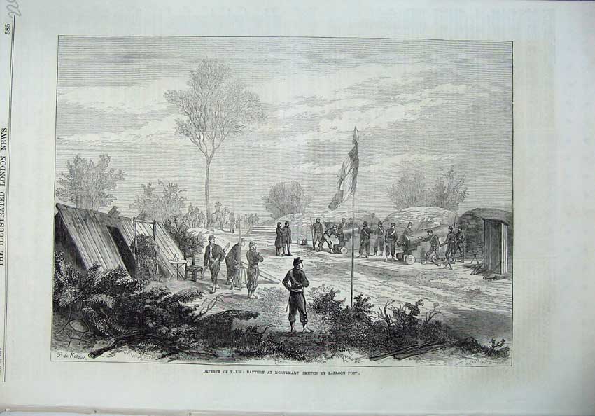 Original Old Antique Print Paris War 1870 Battery Mortemart Army Siers Cannon