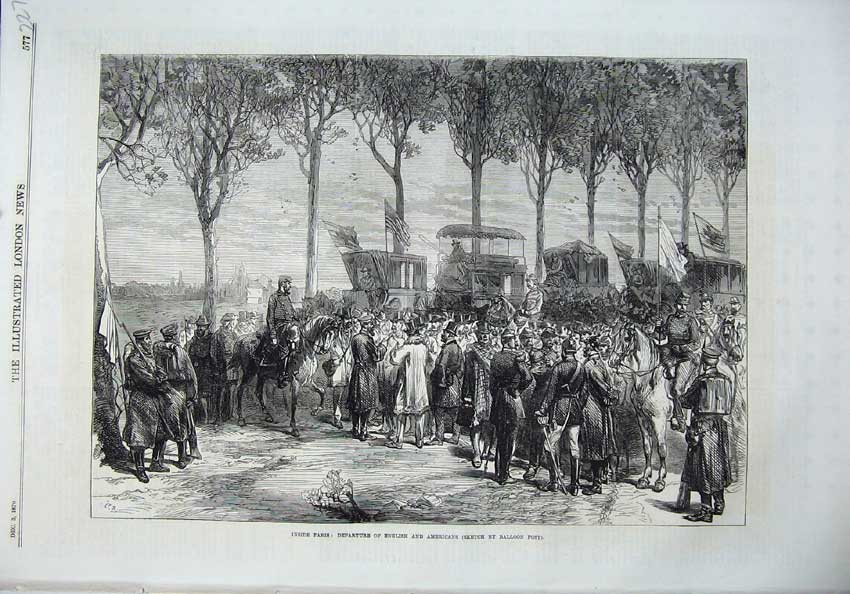 Original Old Antique Print 1870 Paris Departure English Americans Army Siers
