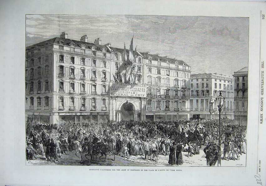 Old Antique Print 1870 Volunteers Garibaldi Army Place De L'Hotel Lyons 19th