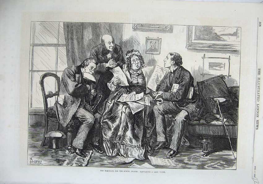 Old Antique Print 1870 Fine Art Elections School Boards Canvassing Lady 19th