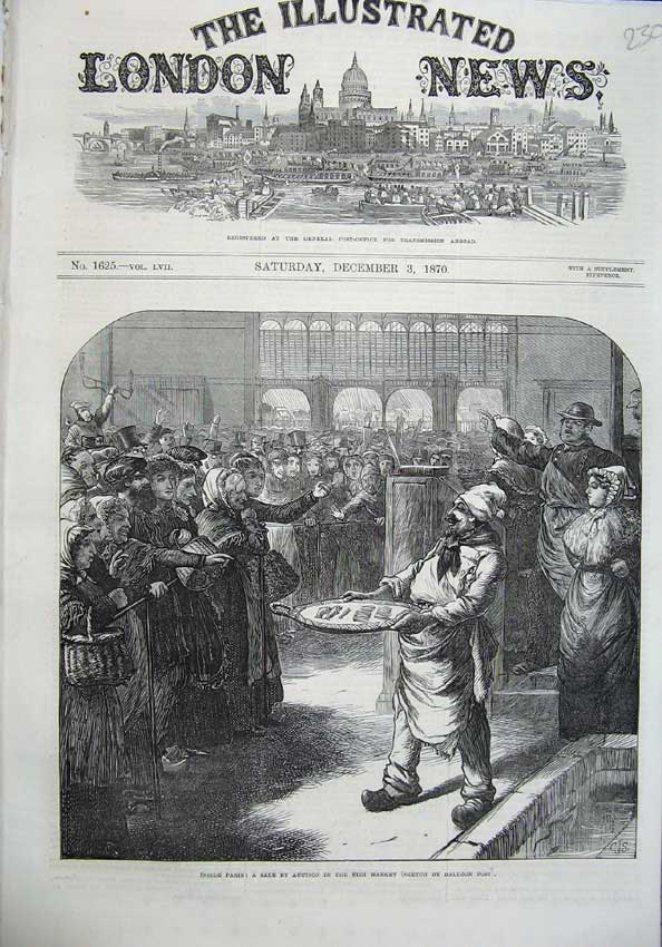Original Old Antique Print 1870 Paris Auction Sale Fish Market Fish-Monger Art