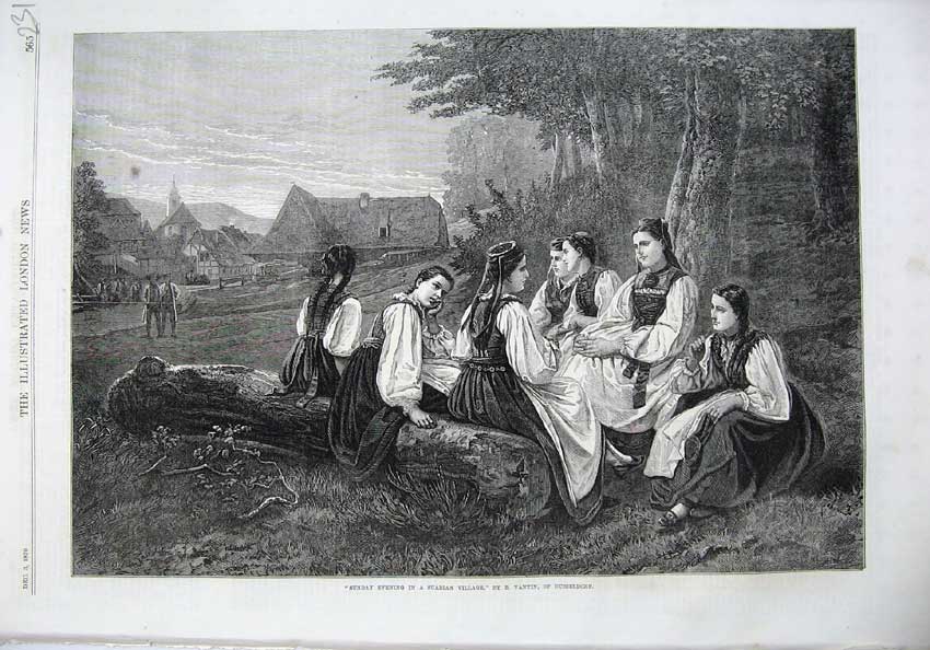 Old Antique Print Fine Art 1870 Suabian Village Women Costumes Dusseldorf 19th