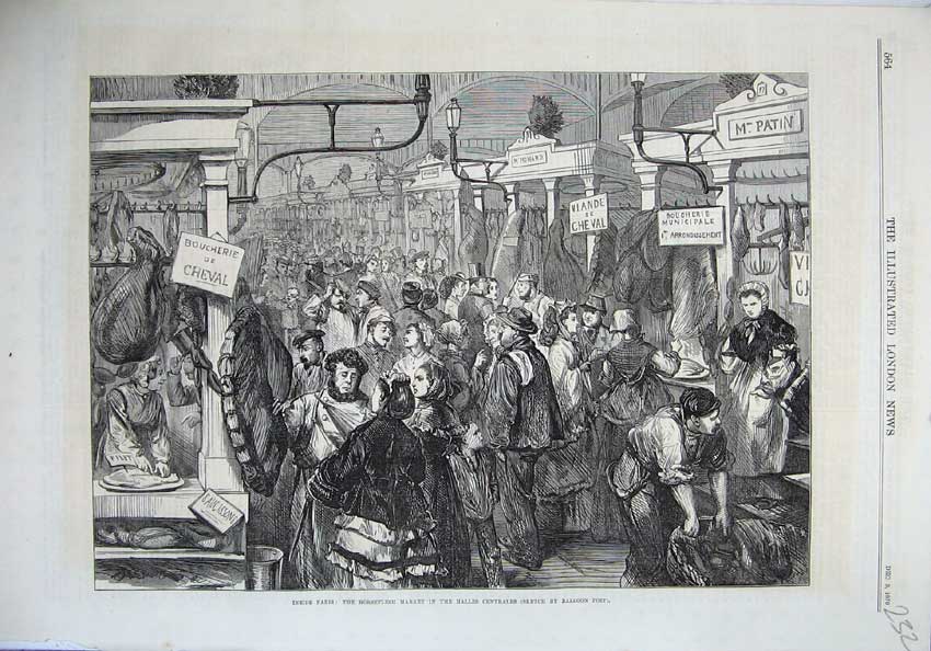 Old Antique Print 1870 Paris Horseflesh Market Halles Centrales Fine Art 19th