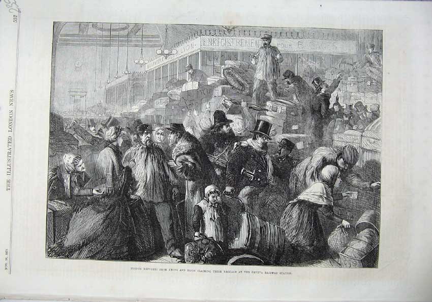 Old Antique Print 1870 French Refugees Lyons Dijon Baggage Railway Geneva 19th