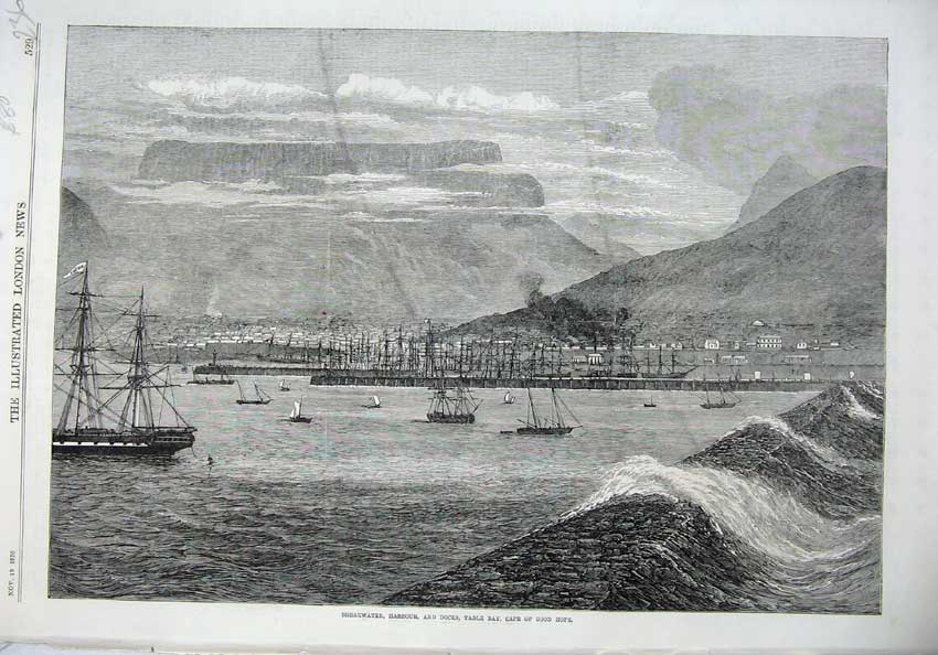 Old Antique Print 1870 Breakwater Harbour Docks Table Bay Cape Good Hope 19th