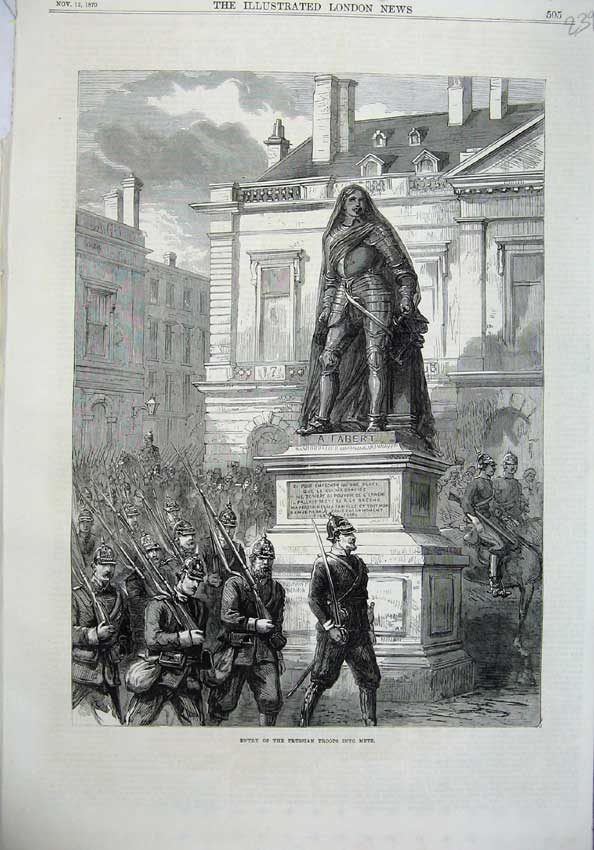 Original Old Antique Print 1870 Fine Art Entry Prussian Troops Metz Army War