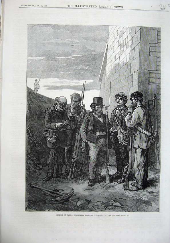 Old Antique Print 1870 Paris Volunteers Guarding Postern Fortified France 19th