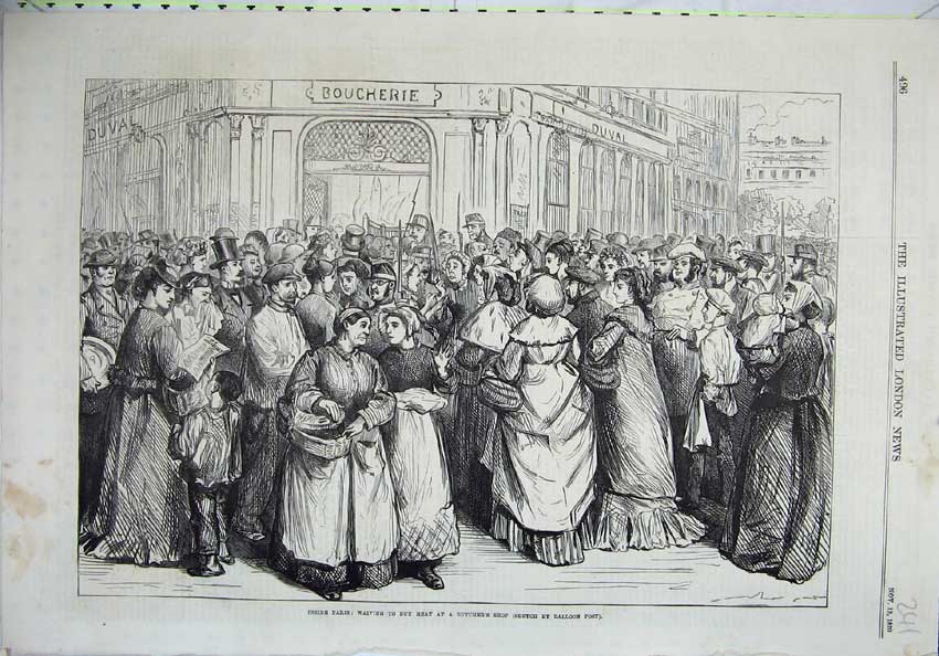 Original Old Antique Print Paris 1870 People Waiting Buy Meat Butchers Shop