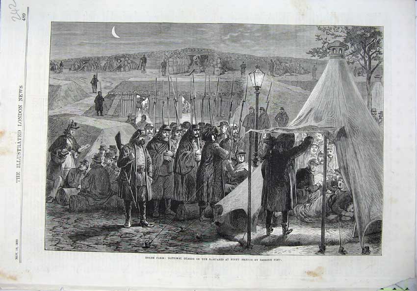 Old Antique Print 1870 Paris National Guards Ramparts Night Army Fine Art 19th