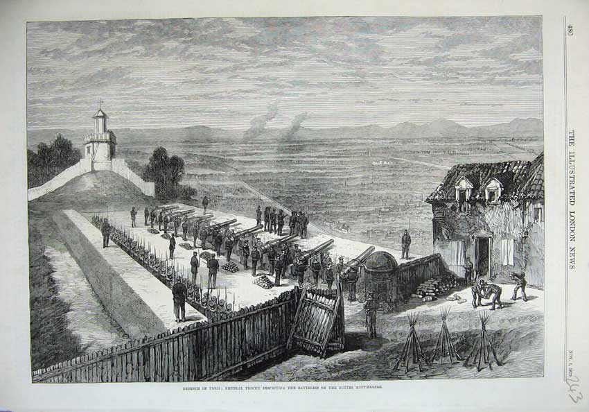 Old Antique Print Paris 1870 General Trochu Batteries Buttes Montmartre 19th