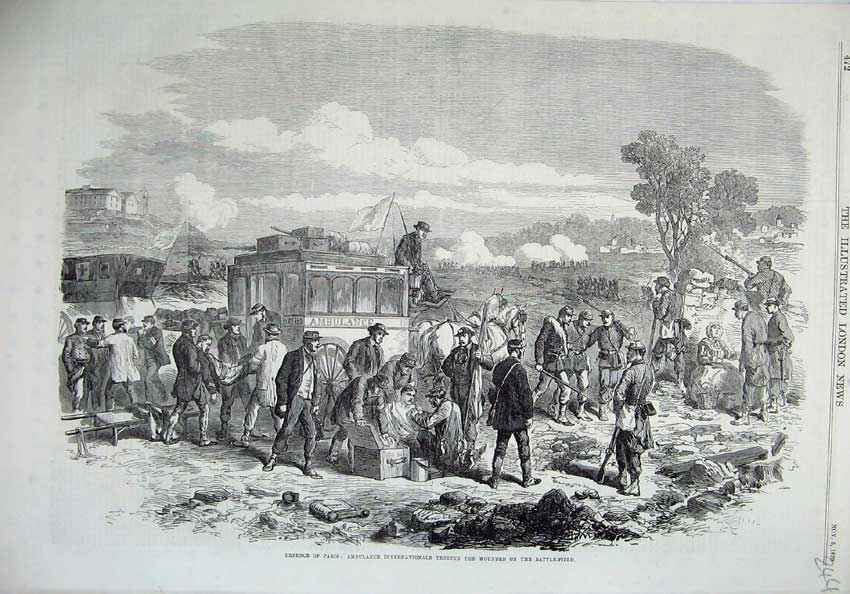Old Antique Print 1870 Paris Ambulance Tending Wounded Battle Field War 19th