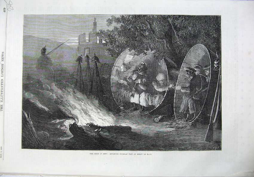 Original Old Antique Print 1870 Siege Metz Advanced Prussian Post Mercy Le Haut