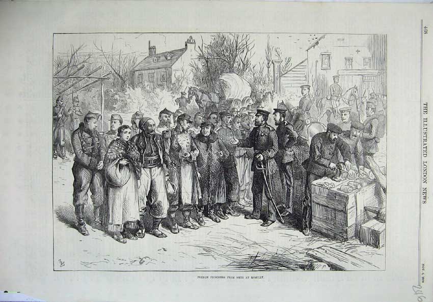 Original Old Antique Print 1870 French Prisoners Metz Remilly War Army 19th
