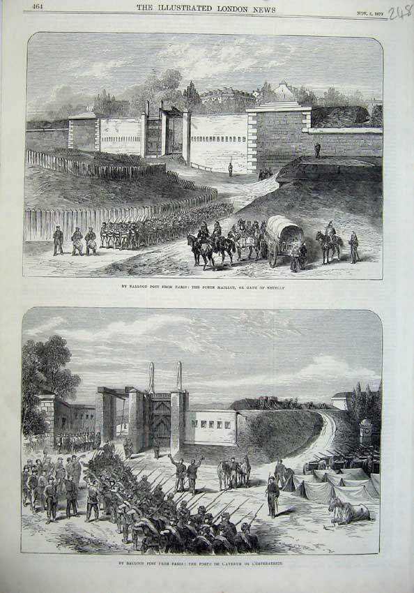 Old Antique Print 1870 Paris Porte Mailiot Gate Neuilly L'Avenue War Army 19th