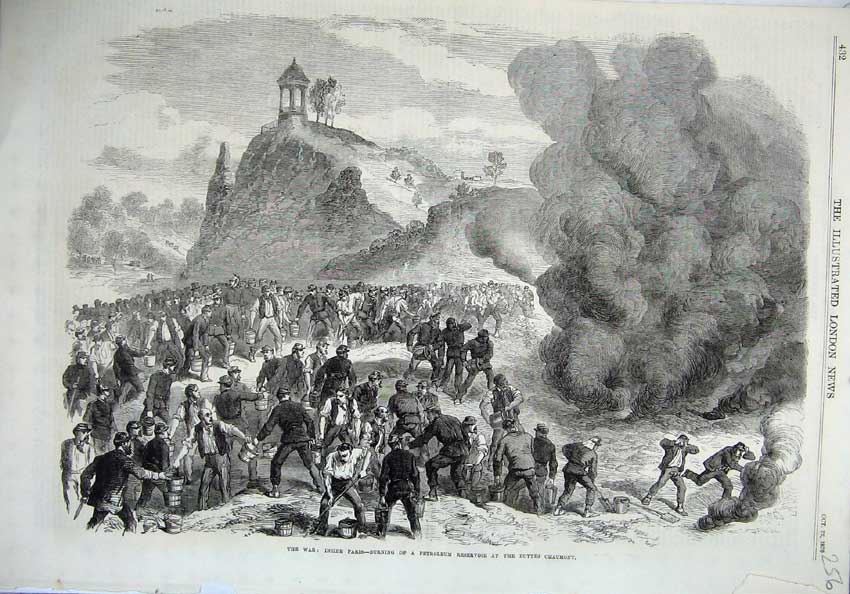 Original Old Antique Print War 1870 Paris Burning Petroleum Buttes Chaumont Art