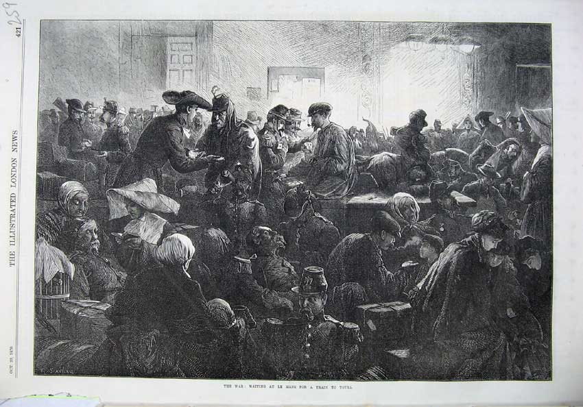 Old Antique Print 1870 War Waiting Le Mans Train Tours Men Women Fine Art 19th