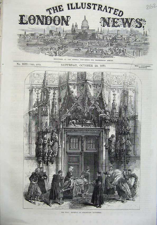 Old Antique Print War 1870 Fine Art Doorway Strasbourg Cathedral Church 19th