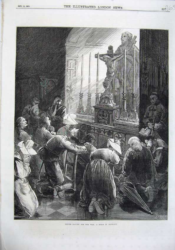 Old Antique Print 1870 War Scene Brittany France People Praying Fine Art 19th