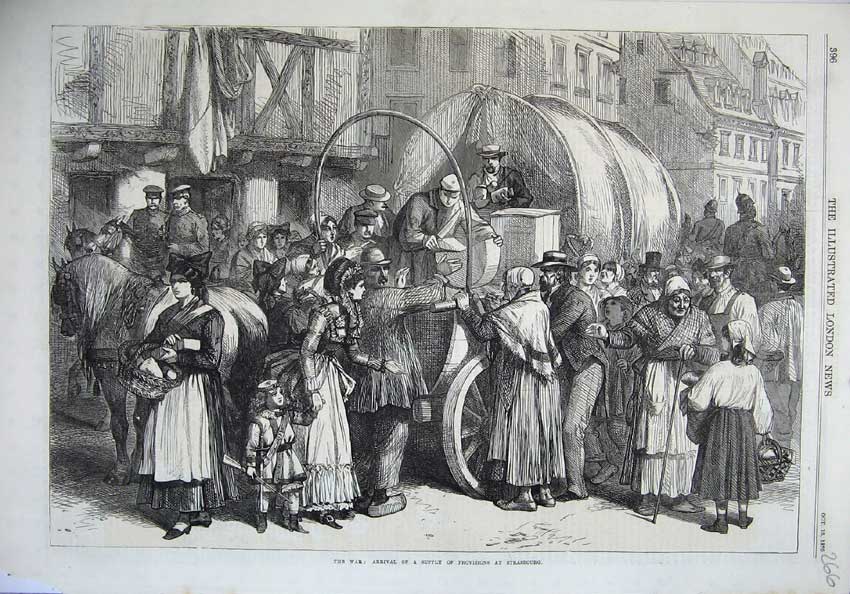 Original Old Antique Print War 1870 Arrival Provision Horse Cart Strasbourg Art