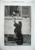Original Old Antique Print 1870 Fine Art Children Beggar Woman House Window