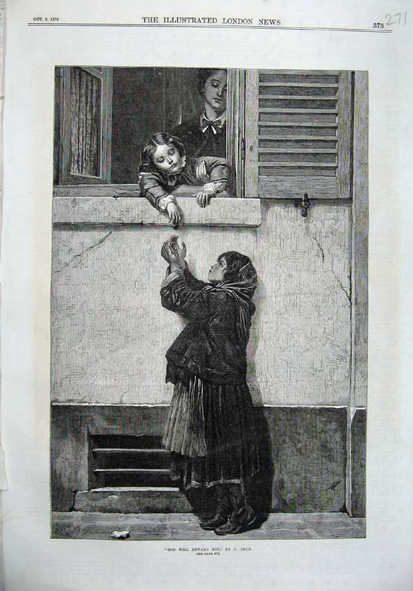 Original Old Antique Print 1870 Fine Art Children Beggar Woman House Window
