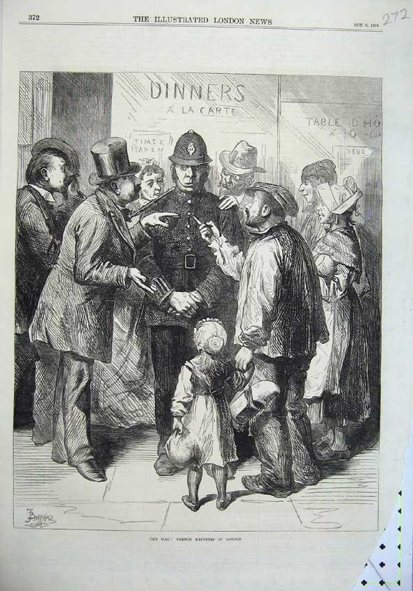 Old Antique Print 1870 War Scene French Refugees London Policeman Street 19th
