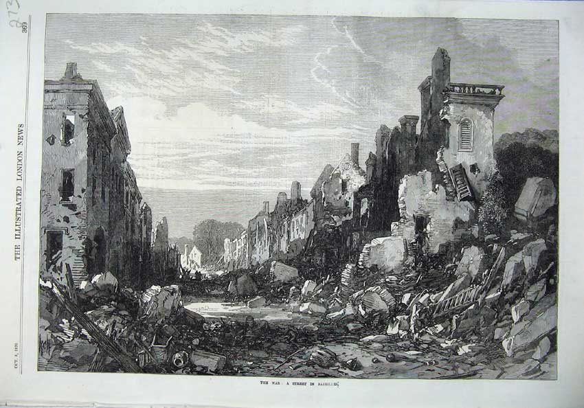 Old Antique Print War 1870 Street Scene Bazeilles Ruins Building Fine Art 19th