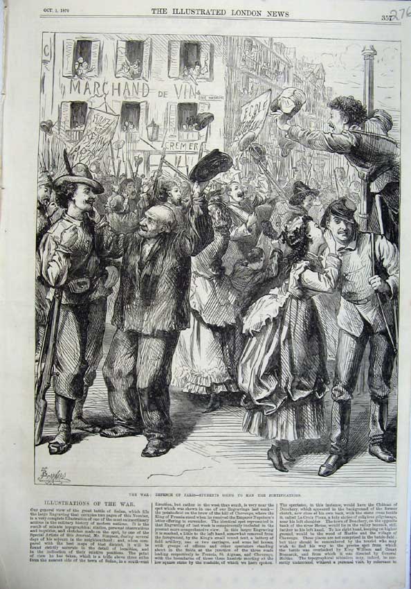 Old Antique Print War 1870 Defence Paris Students Fortifications France 19th