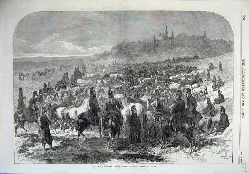 Original Old Antique Print War 1870 Captured Horses Battle Sedan Army Fine Art